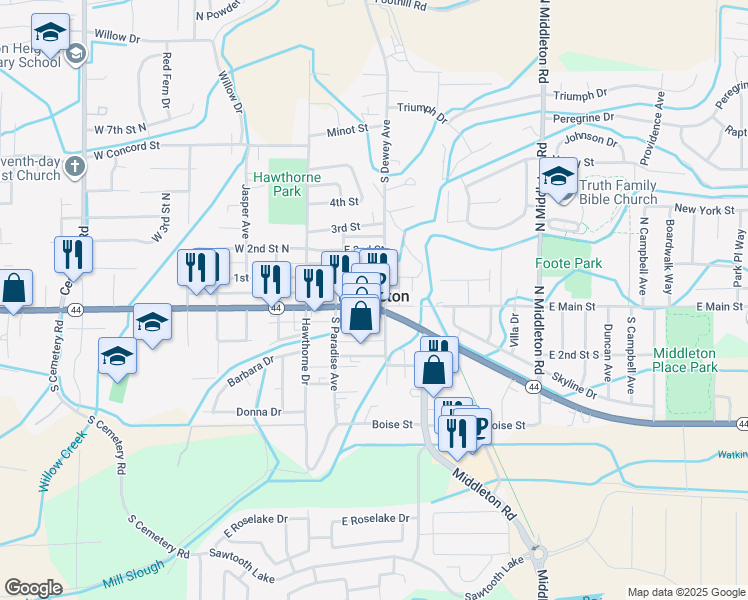 map of restaurants, bars, coffee shops, grocery stores, and more near 209 East Main Street in Middleton