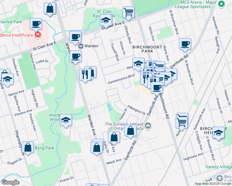 map of restaurants, bars, coffee shops, grocery stores, and more near 34 Etienne Street in Toronto