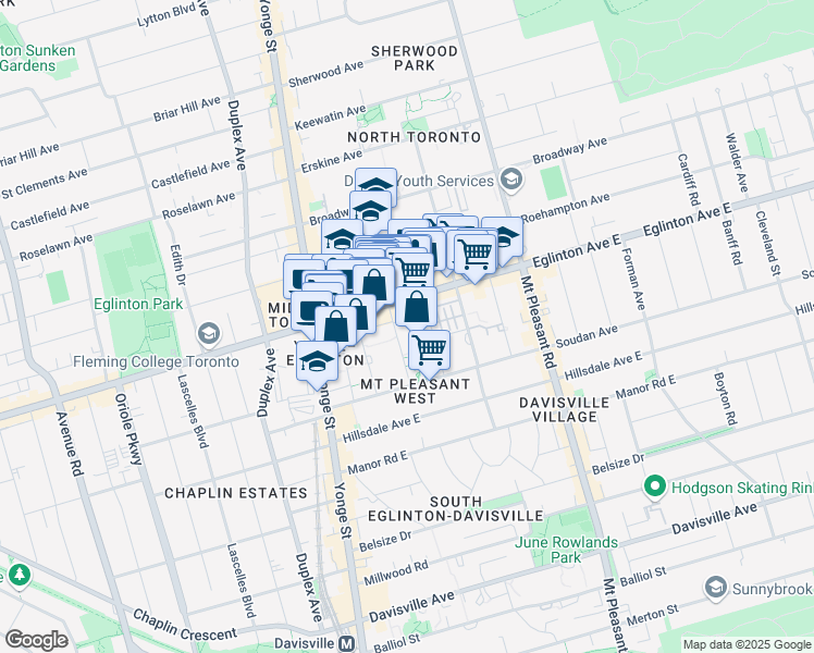map of restaurants, bars, coffee shops, grocery stores, and more near 77 Dunfield Avenue in Toronto