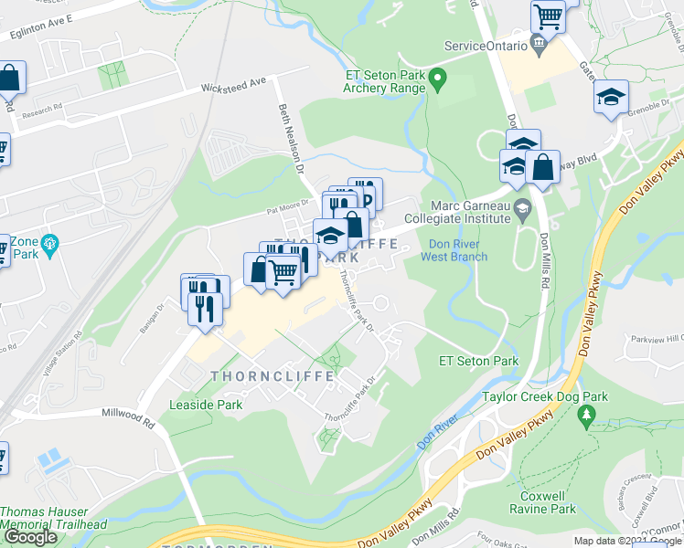 map of restaurants, bars, coffee shops, grocery stores, and more near 95 Thorncliffe Park Drive in Toronto