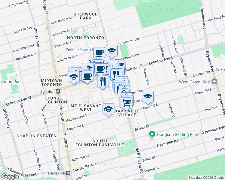 map of restaurants, bars, coffee shops, grocery stores, and more near in Toronto
