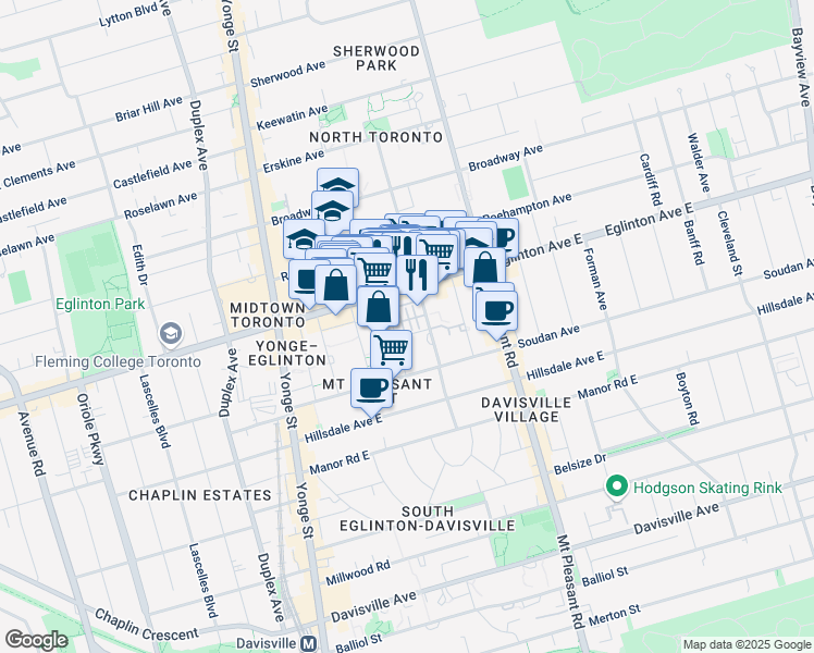 map of restaurants, bars, coffee shops, grocery stores, and more near 85 Lillian Street in Toronto
