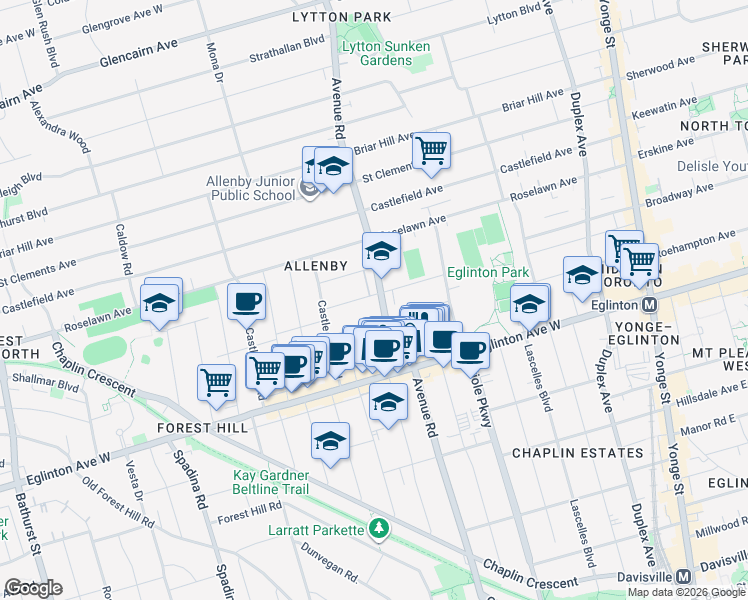 map of restaurants, bars, coffee shops, grocery stores, and more near in Toronto