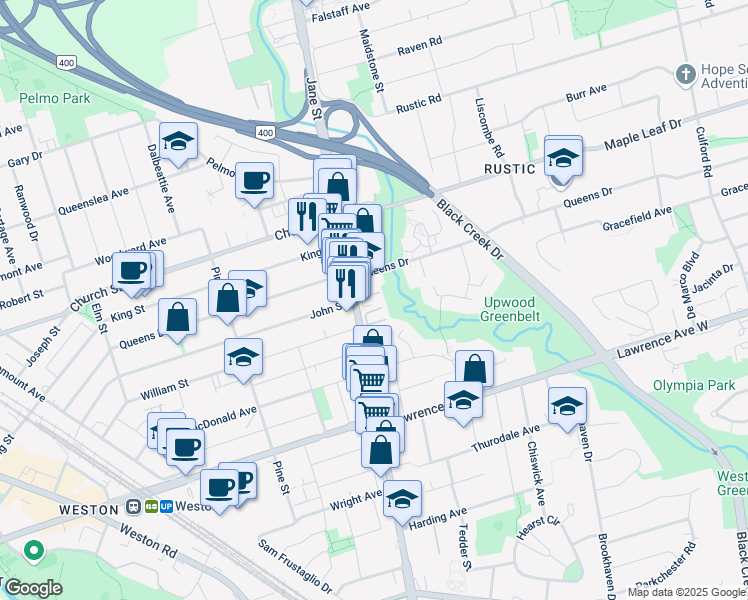 map of restaurants, bars, coffee shops, grocery stores, and more near in Toronto