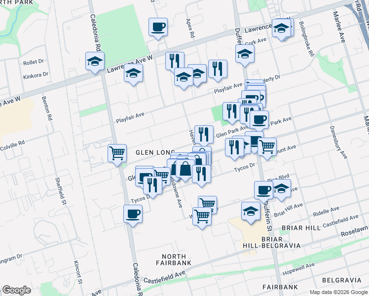 map of restaurants, bars, coffee shops, grocery stores, and more near 521 Glen Park Avenue in Toronto