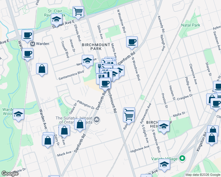 map of restaurants, bars, coffee shops, grocery stores, and more near 485 Birchmount Road in Toronto