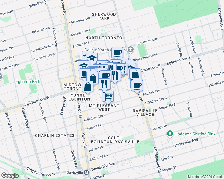 map of restaurants, bars, coffee shops, grocery stores, and more near 85 Lillian Street in Toronto