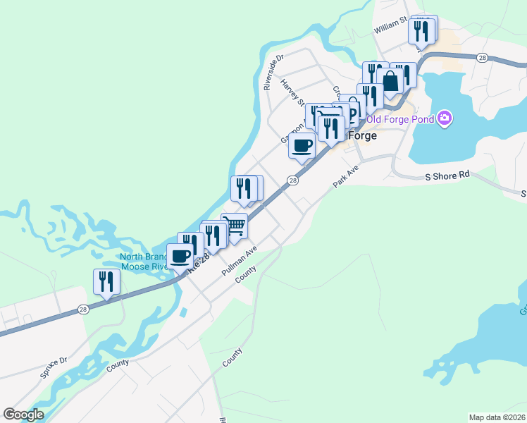 map of restaurants, bars, coffee shops, grocery stores, and more near 2979 New York 28 in Old Forge