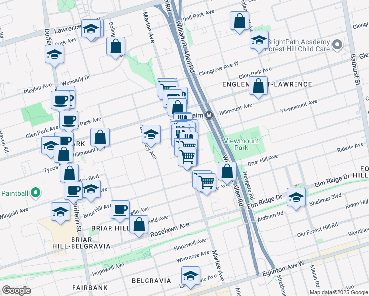 map of restaurants, bars, coffee shops, grocery stores, and more near Marlee Avenue in Toronto