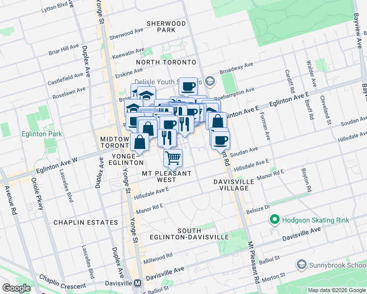 map of restaurants, bars, coffee shops, grocery stores, and more near 100 Redpath Avenue in Toronto