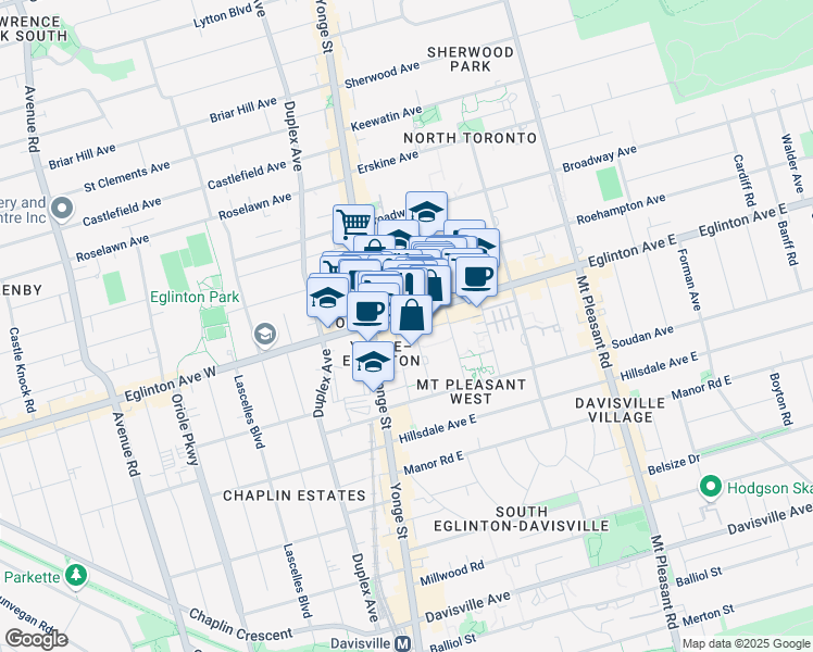 map of restaurants, bars, coffee shops, grocery stores, and more near 43 Eglinton Avenue East in Toronto