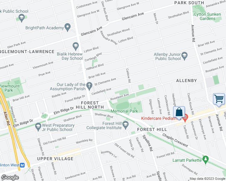 map of restaurants, bars, coffee shops, grocery stores, and more near 603 Castlefield Avenue in Toronto
