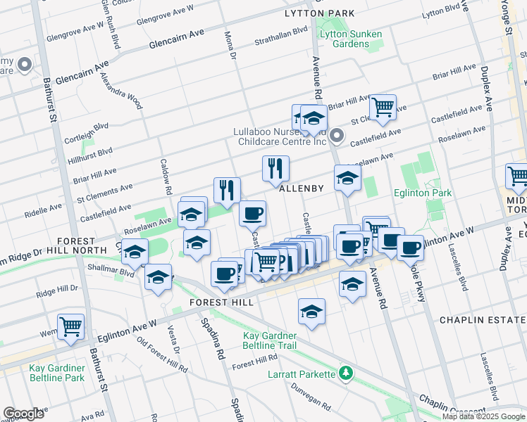 map of restaurants, bars, coffee shops, grocery stores, and more near in Toronto