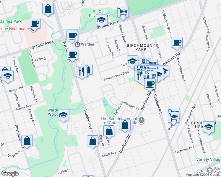map of restaurants, bars, coffee shops, grocery stores, and more near 32 Etienne Street in Toronto