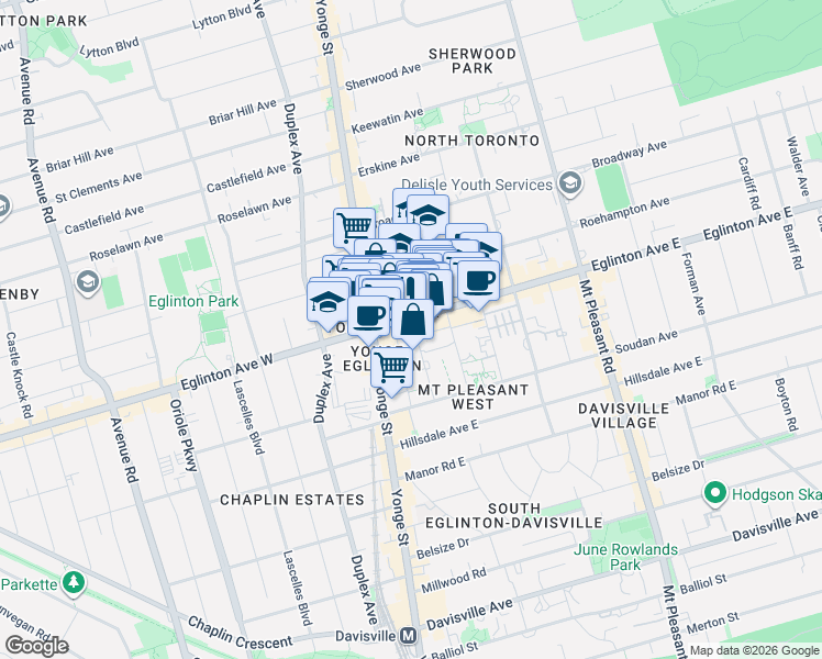 map of restaurants, bars, coffee shops, grocery stores, and more near 43 Eglinton Avenue East in Toronto