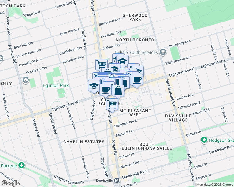 map of restaurants, bars, coffee shops, grocery stores, and more near 43 Eglinton Avenue East in Toronto
