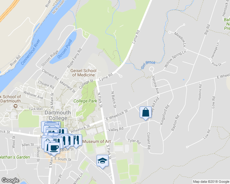 map of restaurants, bars, coffee shops, grocery stores, and more near 13 North Balch Street in Hanover