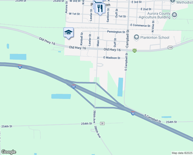 map of restaurants, bars, coffee shops, grocery stores, and more near South Main Street in Plankinton