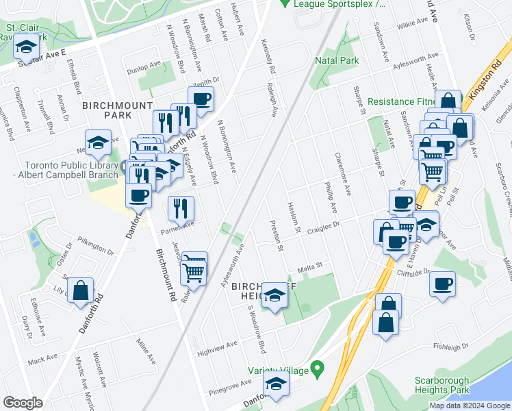 map of restaurants, bars, coffee shops, grocery stores, and more near 318 Aylesworth Avenue in Toronto