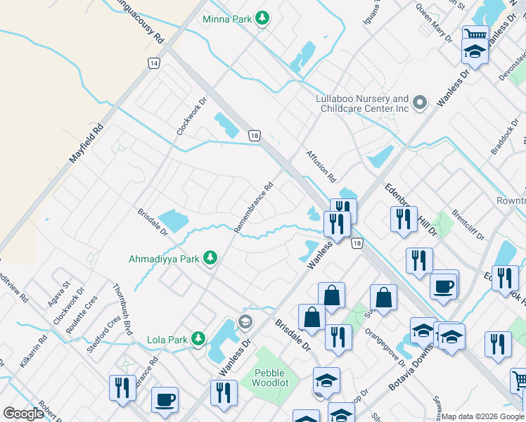 map of restaurants, bars, coffee shops, grocery stores, and more near 3 Cohoe Street in Brampton