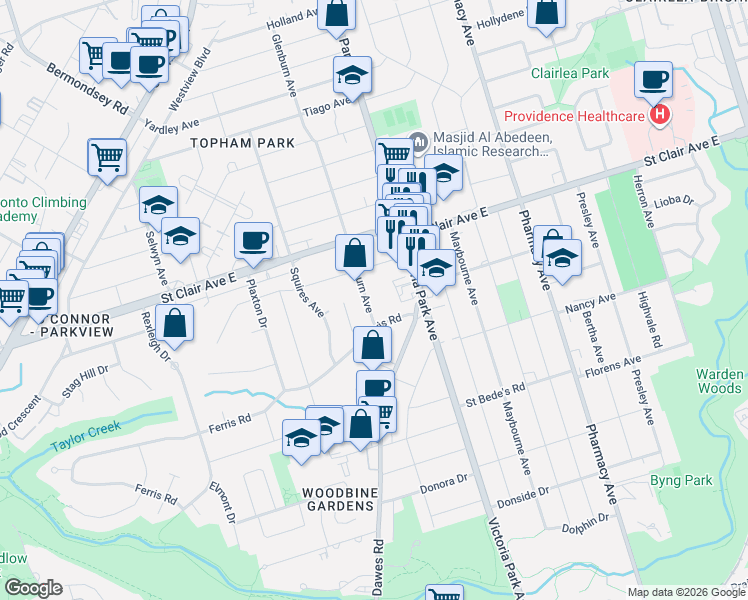 map of restaurants, bars, coffee shops, grocery stores, and more near 11 Glenburn Avenue in Toronto