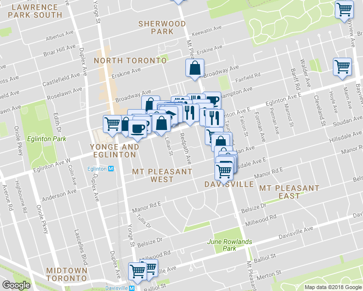 map of restaurants, bars, coffee shops, grocery stores, and more near in Toronto
