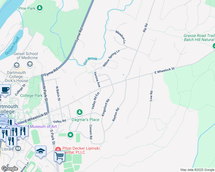 map of restaurants, bars, coffee shops, grocery stores, and more near East Wheelock Street in Hanover