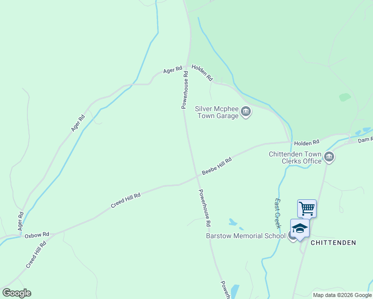map of restaurants, bars, coffee shops, grocery stores, and more near 109 Powerhouse Road in Chittenden