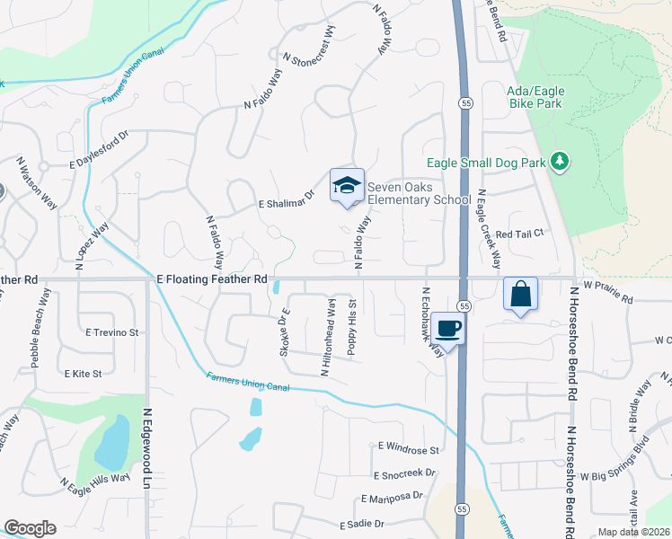 map of restaurants, bars, coffee shops, grocery stores, and more near 2335 East Ashbrook Drive in Eagle