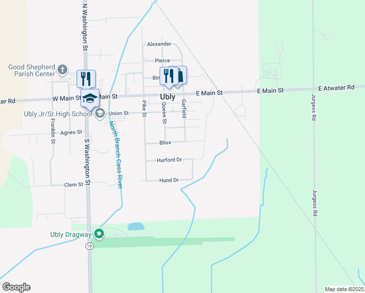 map of restaurants, bars, coffee shops, grocery stores, and more near 2261 Hurford Drive in Ubly