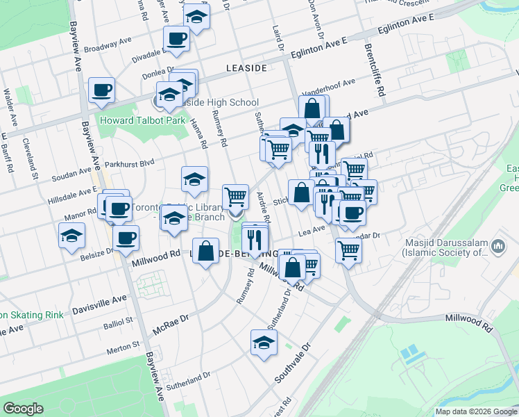 map of restaurants, bars, coffee shops, grocery stores, and more near 254 Airdrie Road in Toronto