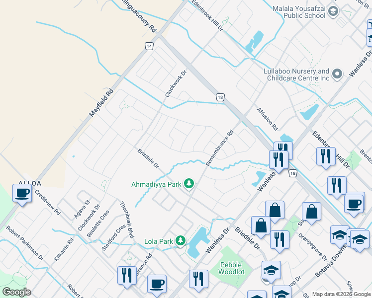 map of restaurants, bars, coffee shops, grocery stores, and more near 27 Action Drive in Brampton