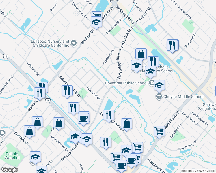 map of restaurants, bars, coffee shops, grocery stores, and more near 3 Dovergreen Drive in Brampton