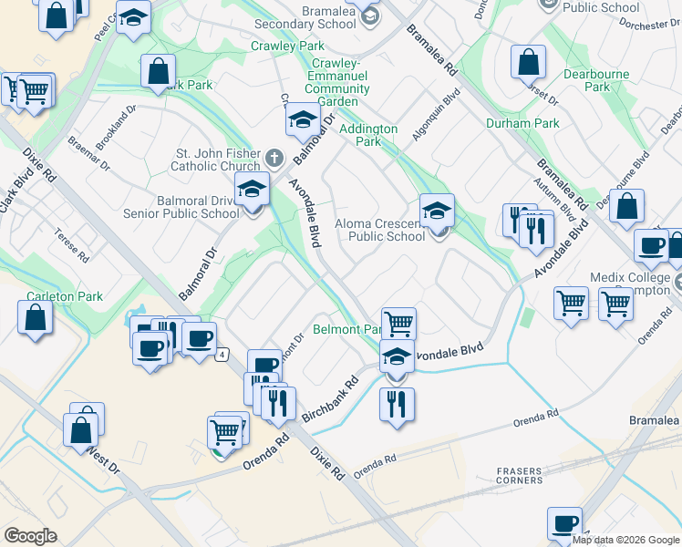 map of restaurants, bars, coffee shops, grocery stores, and more near 118 Addington Crescent in Brampton