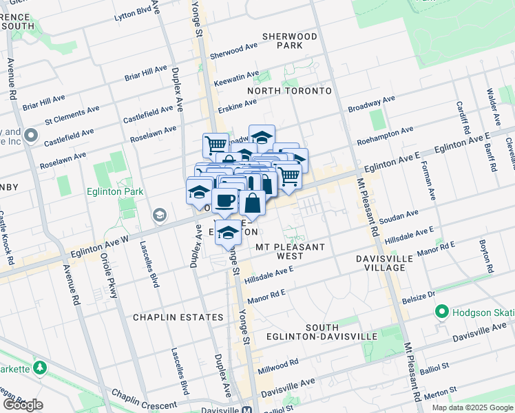 map of restaurants, bars, coffee shops, grocery stores, and more near 49 Eglinton Avenue East in Toronto