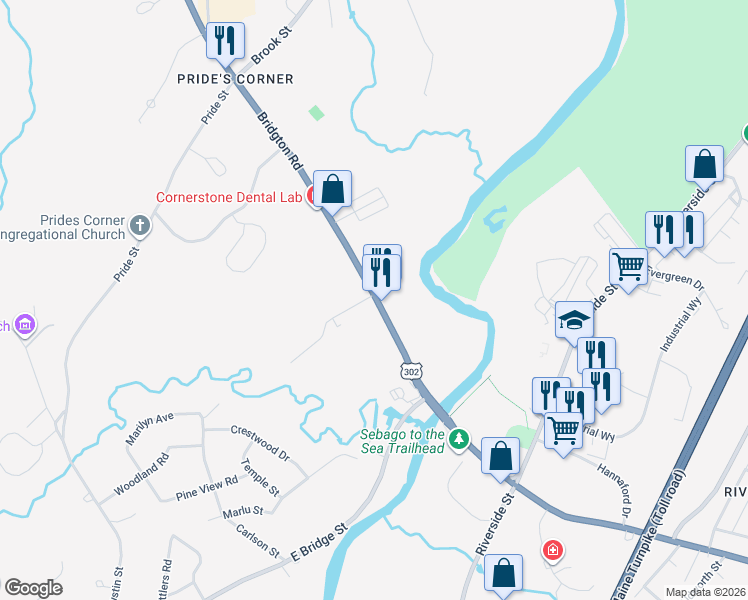 map of restaurants, bars, coffee shops, grocery stores, and more near 125131 Bridgton Road in Westbrook