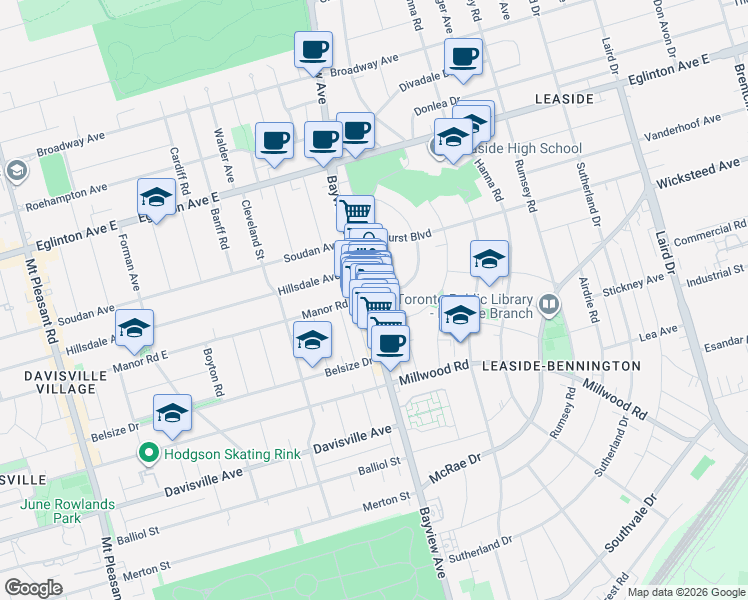 map of restaurants, bars, coffee shops, grocery stores, and more near 1639 Bayview Avenue in Toronto