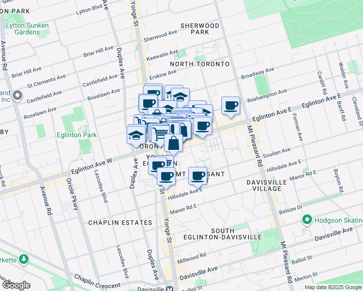 map of restaurants, bars, coffee shops, grocery stores, and more near 55 Eglinton Avenue East in Toronto
