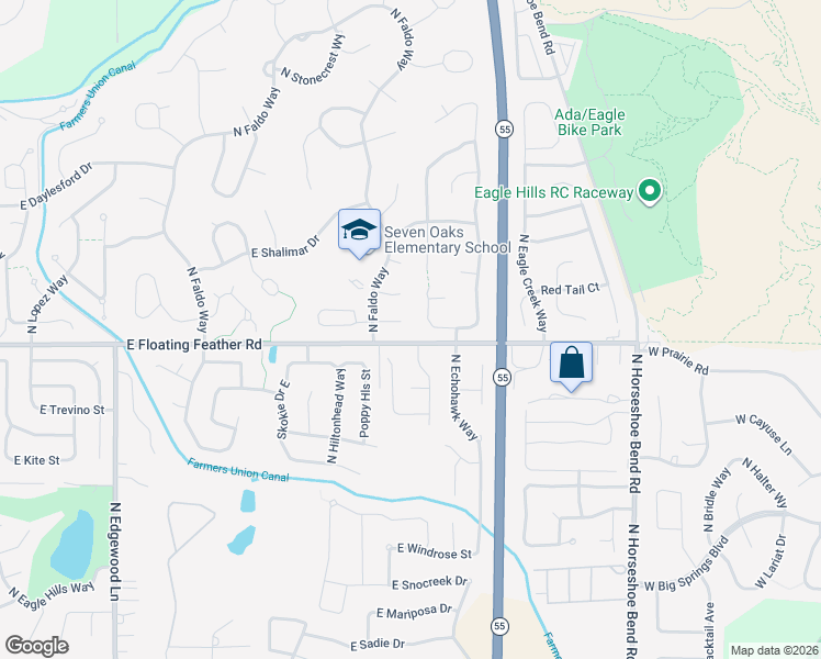 map of restaurants, bars, coffee shops, grocery stores, and more near 1351 North Mansfield Place in Eagle