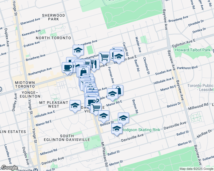 map of restaurants, bars, coffee shops, grocery stores, and more near in Toronto
