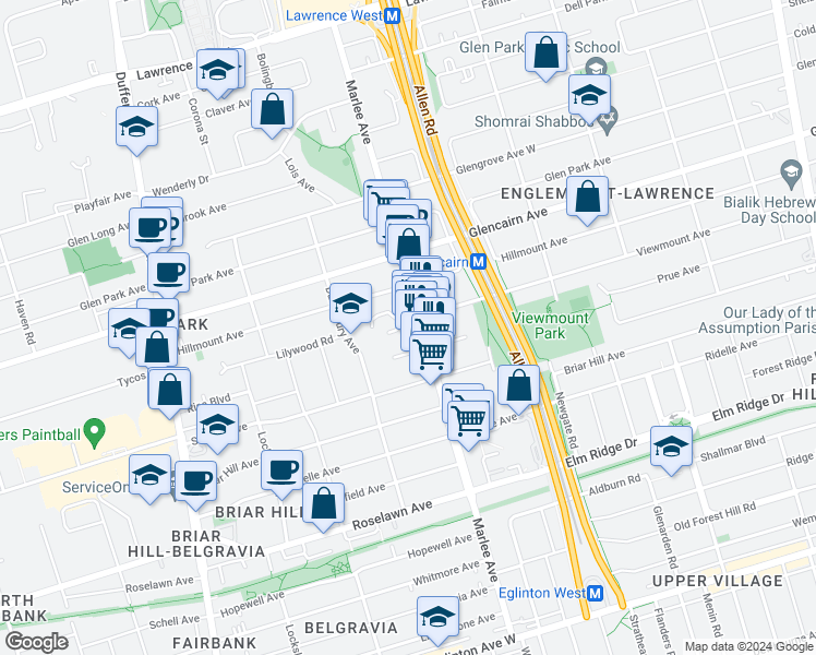 map of restaurants, bars, coffee shops, grocery stores, and more near in Toronto