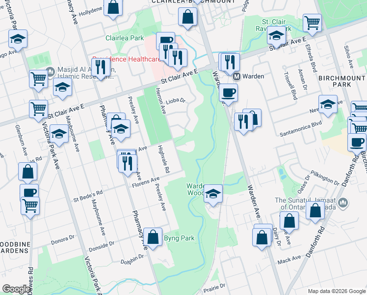map of restaurants, bars, coffee shops, grocery stores, and more near 5 Broderick Place in Toronto