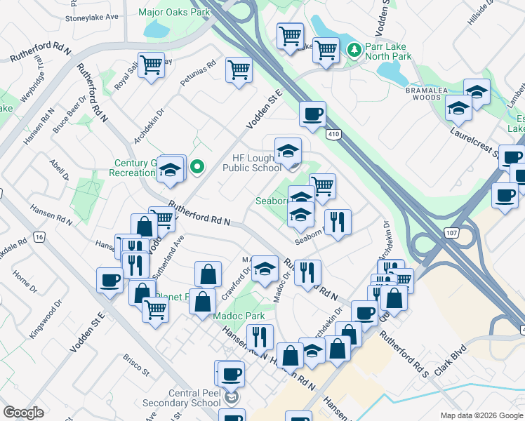 map of restaurants, bars, coffee shops, grocery stores, and more near 102 Seaborn Road in Brampton