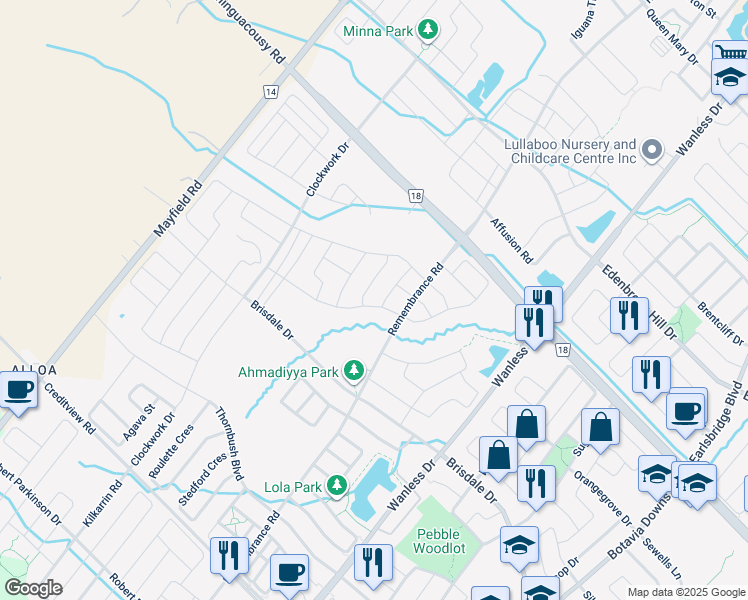 map of restaurants, bars, coffee shops, grocery stores, and more near 15 Action Drive in Brampton