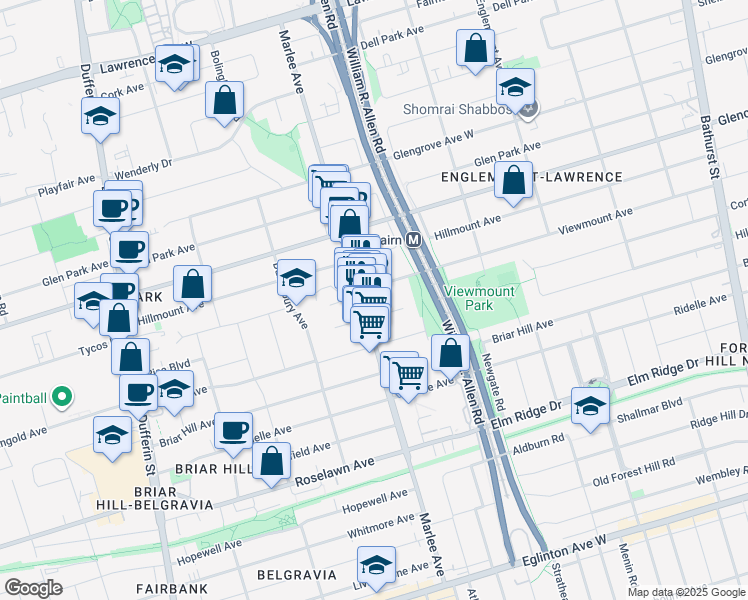 map of restaurants, bars, coffee shops, grocery stores, and more near 351 Marlee Avenue in Toronto