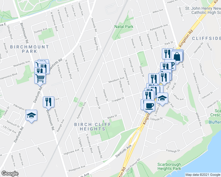 map of restaurants, bars, coffee shops, grocery stores, and more near 248 Kennedy Road in Toronto