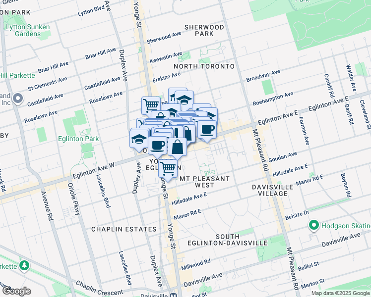 map of restaurants, bars, coffee shops, grocery stores, and more near 90 Eglinton Avenue East in Toronto