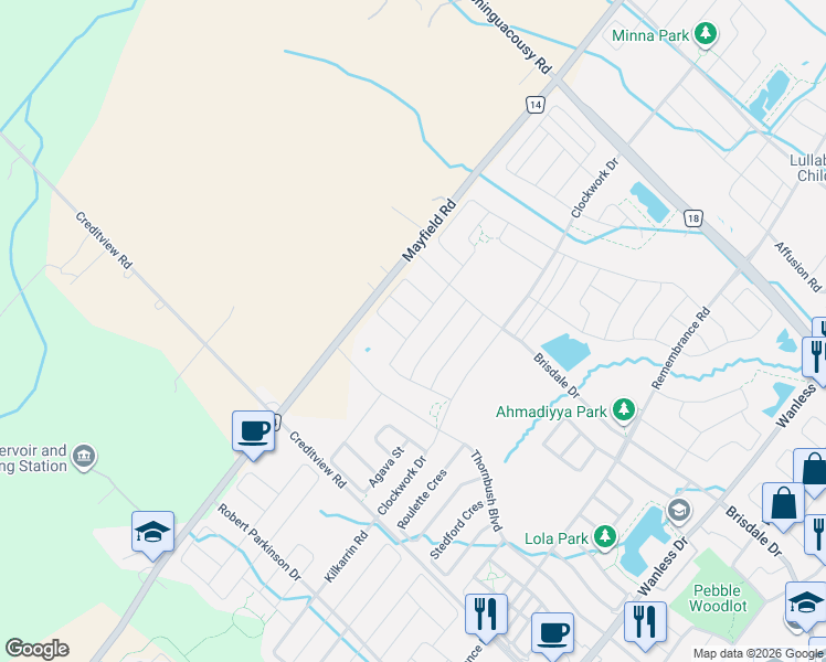 map of restaurants, bars, coffee shops, grocery stores, and more near 56 Donald Stewart Road in Brampton