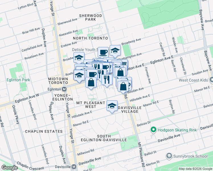 map of restaurants, bars, coffee shops, grocery stores, and more near 95 Redpath Avenue in Toronto