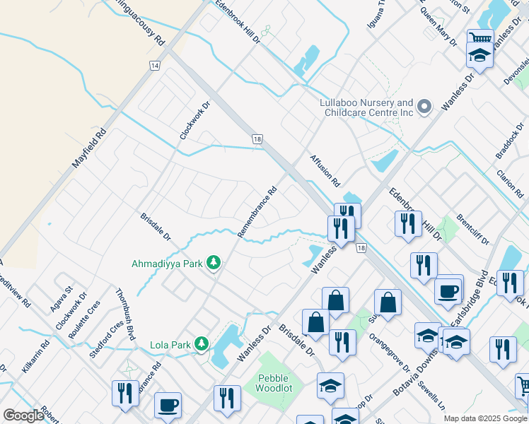 map of restaurants, bars, coffee shops, grocery stores, and more near 327 Remembrance Road in Brampton
